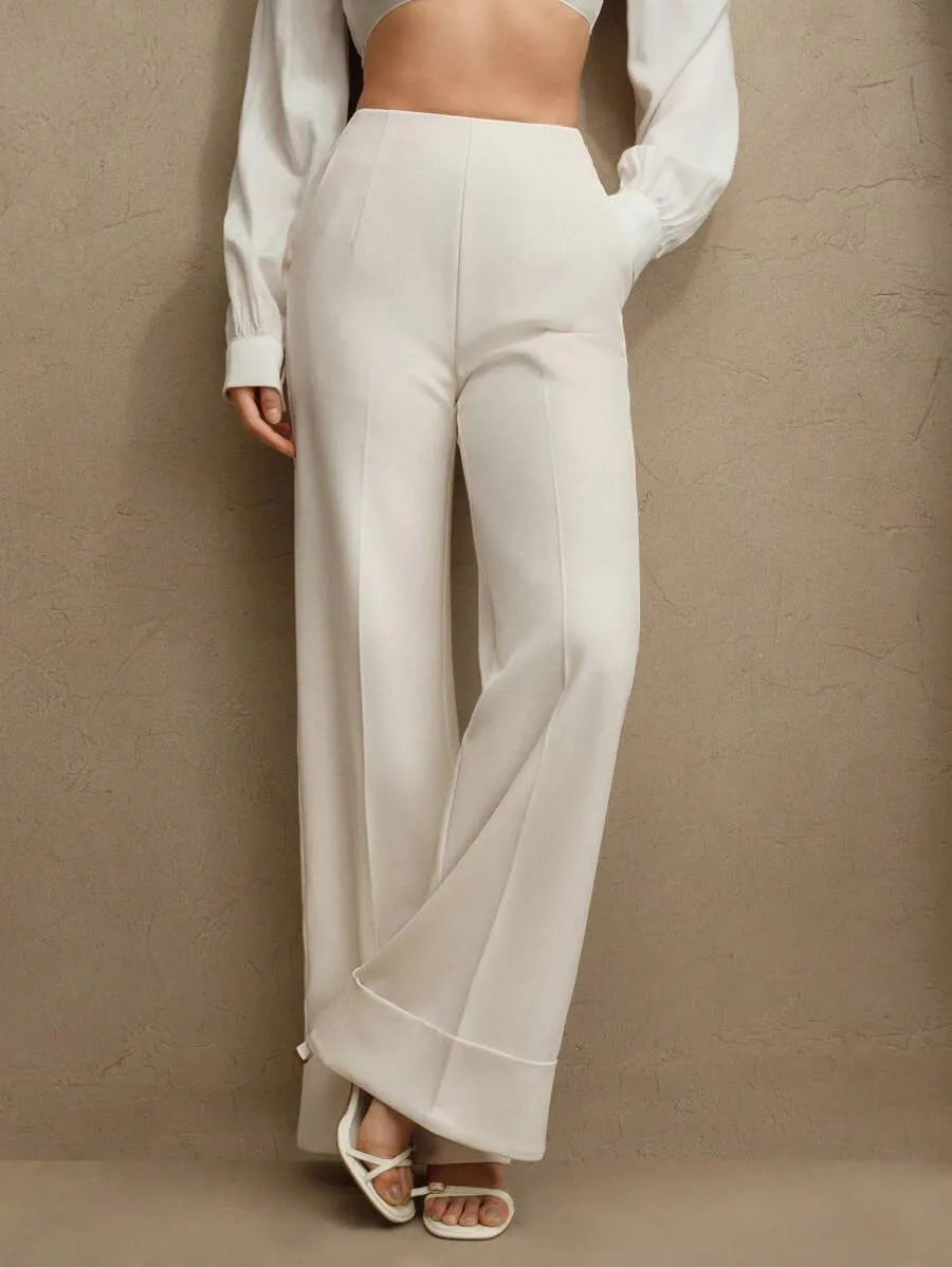 SHEIN Anewsta Essential بنطلون بلون بيج طويل واسع الساق بخصر منخفض