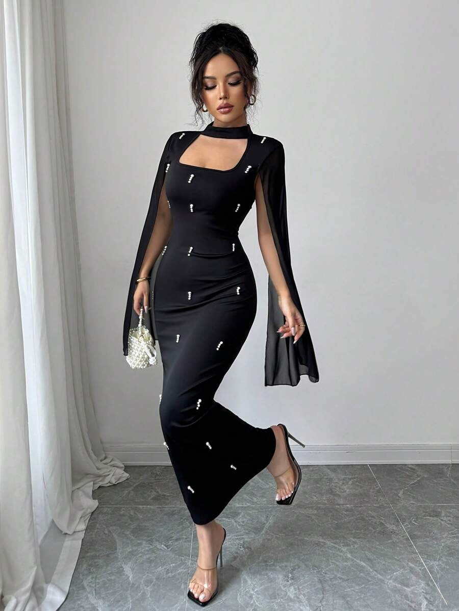 SHEIN Elenzga فستان شيفون مرصع باللؤلؤ بلون أسود