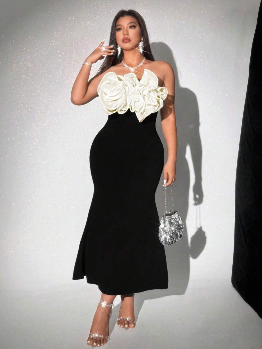 SHEIN Rafferiza فستان أسود طويل مزين بزهرات شيفون