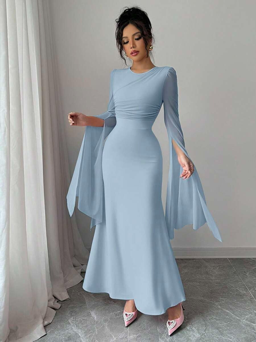 SHEIN Elenzga فستان أزرق أنيق بأكمام طويلة