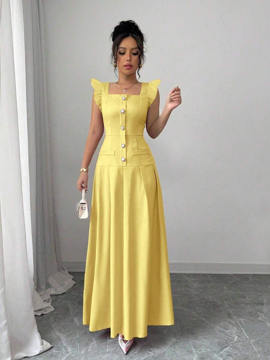SHEIN Elenzga  فستان صيفي طويل بلون أصفر و أزرار أمامية و كتف فراشة