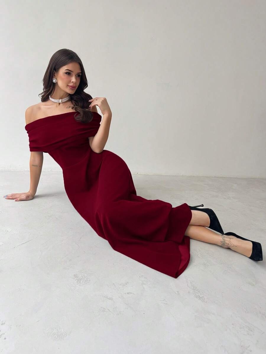 SHEIN Firerie فستان ماكسي أنيق بلون عنابي