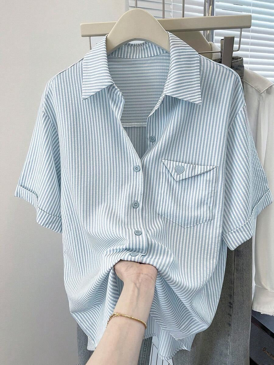 SHEIN بلوزة كاجوال صيفية مخططة بأكمام قصيرة