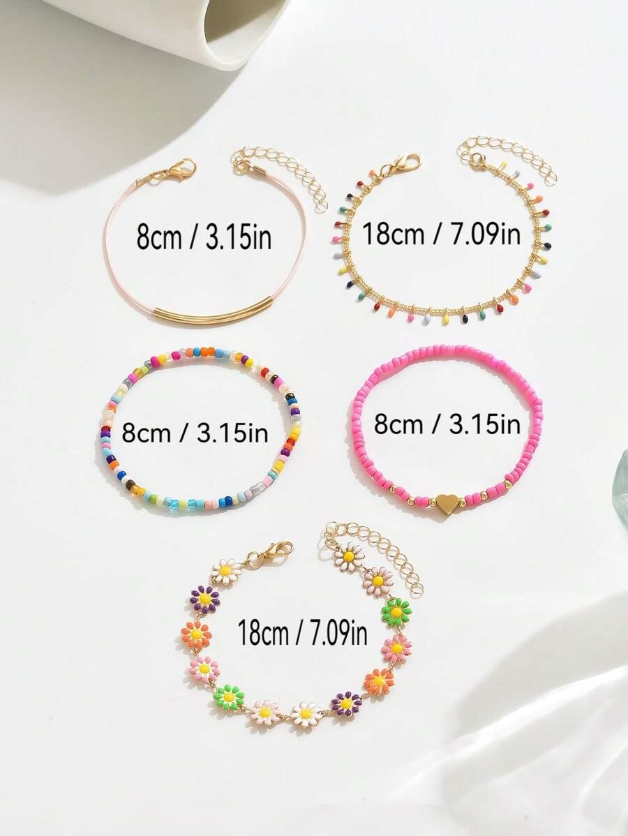 SHEIN طقم 5 أساور زهور الأقحوان خرز وزيتية