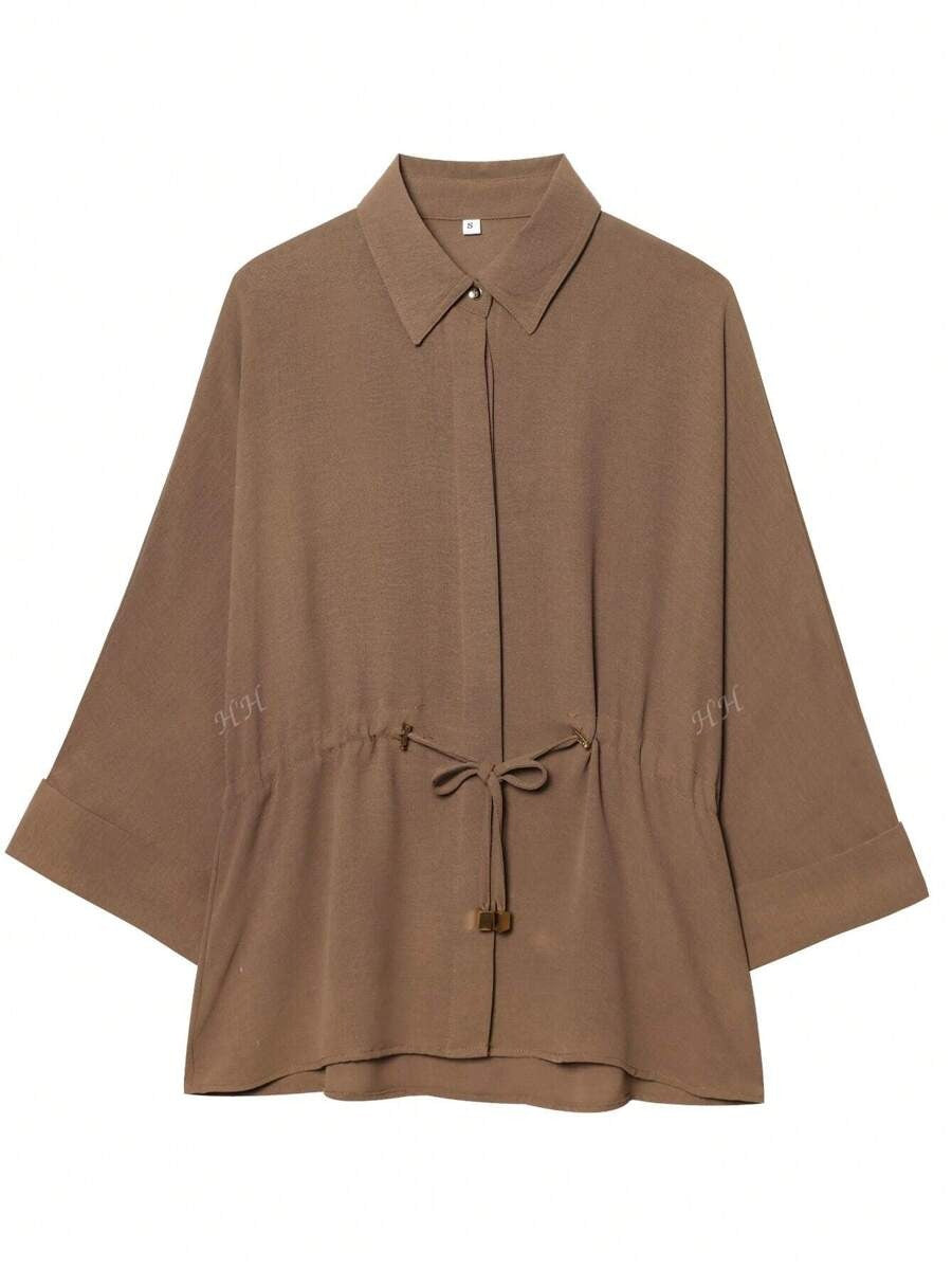 SHEIN طقم نسائي بني توب برباط وبنطال واسع