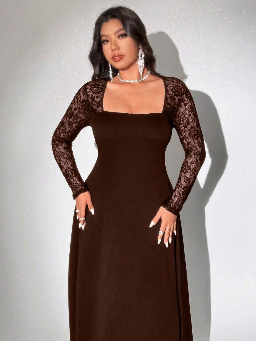 SHEIN Viva Relle فستان طويل بني بأكمام دانتيل للمقاسات الكبيرة