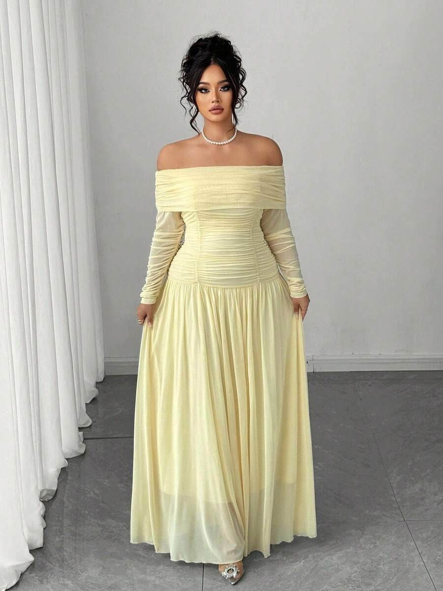 SHEIN Cravure فستان طويل بلون أصفر مميز