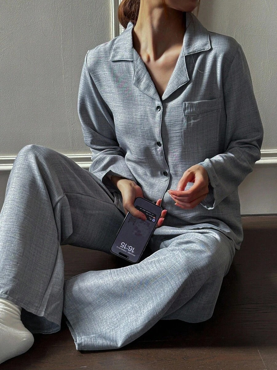 SHEIN بيجامة نسائية كاجوال بقماش متداخل وأكمام طويلة