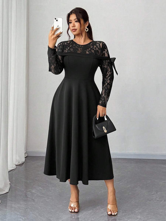 SHEIN Elenzga فستان أنيق مزين بالدانتيل والفيونكة بلون أسود