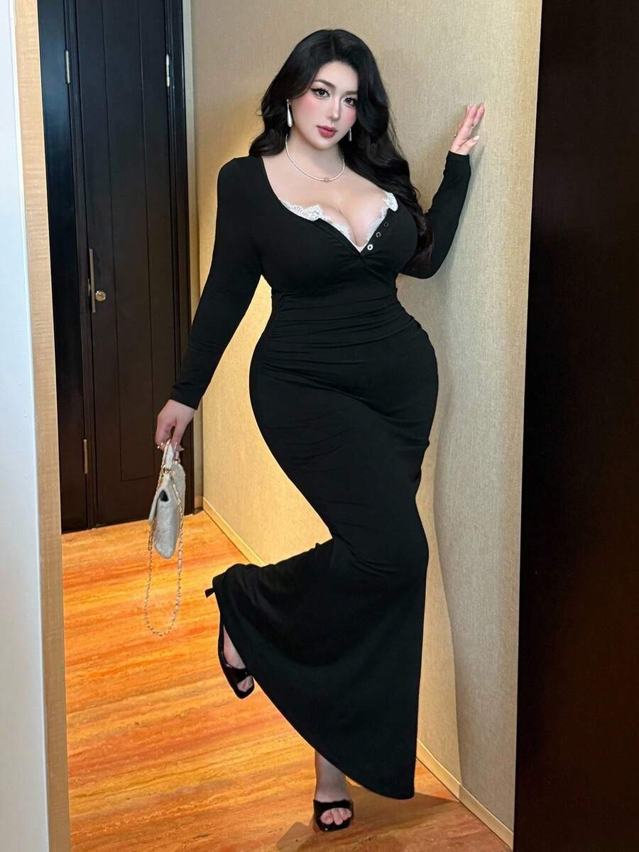 SHEIN Flirla فستان أنيق طويل – أسود