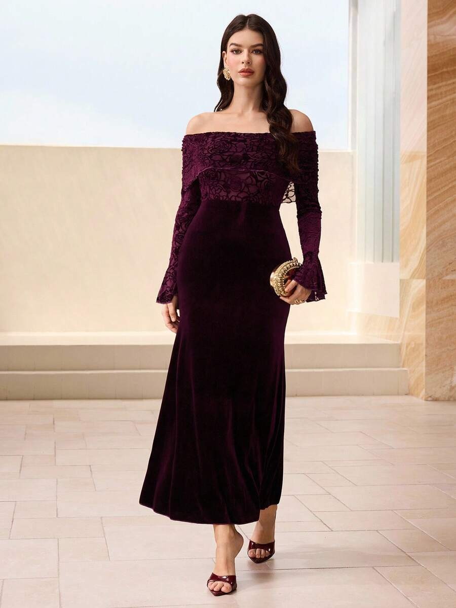SHEIN Modelyn فستان حفلة أحمر بطبعات زهرية