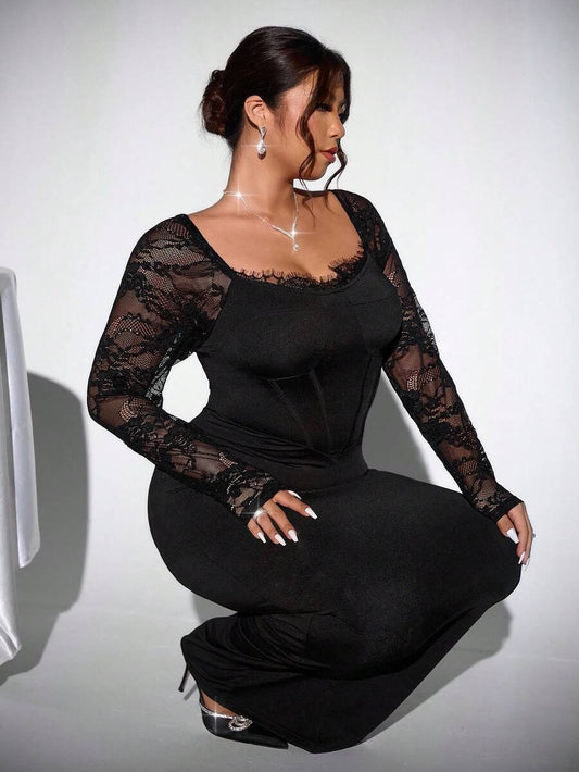 SHEIN Firerie فستان باللون الأسود أنيق دانتيل بذيل السمكة