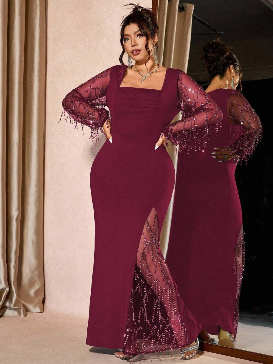 SHEIN Cravure فستان سهرة طويل بلون عنابي