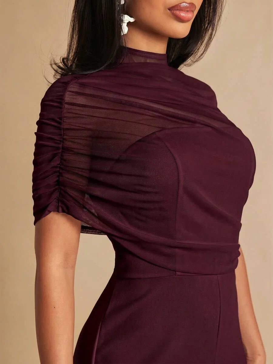 SHEIN Silquee جمبسوت عودي بياقة مرتفعة وطبقة شبكية مطوية من