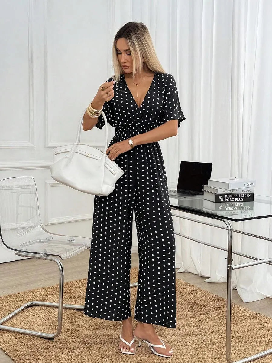 SHEIN Easowa جمبسوت كلاسيكية منقّطة بخصر مزموم وساق واسعة من