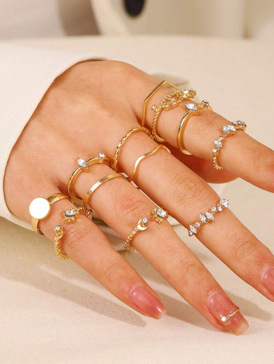 SHEIN طقم خواتم ذهبية 12 قطعة بتصاميم متنوعة
