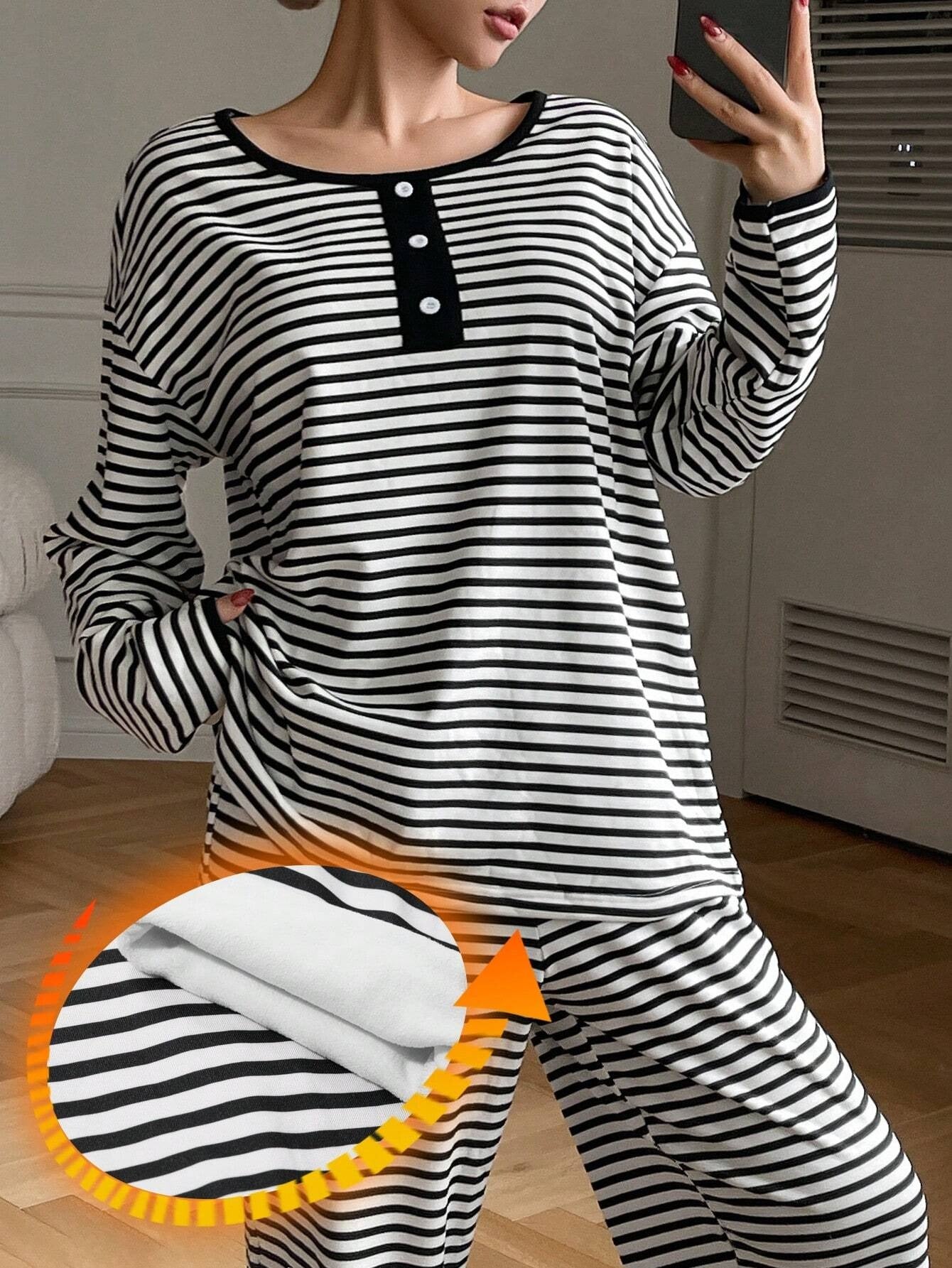 SHEIN DAZY طقم ملابس منزلية مخطط مبطن نصف الفتح للشتاء