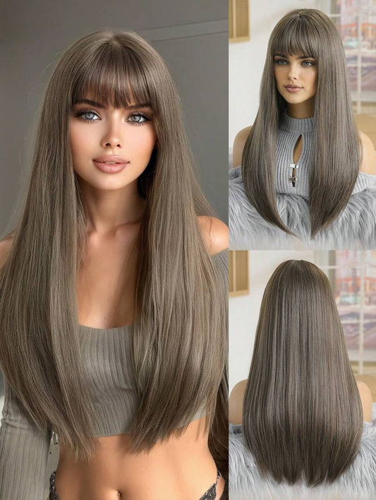 SHEIN باروكة شعر مستقيم بني مع غرة
