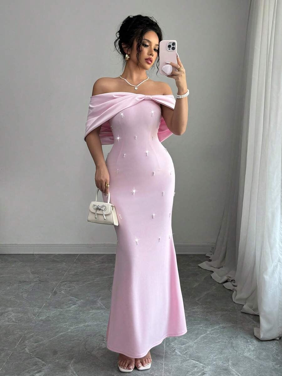 SHEIN Rafferiza فستان نسائي من الساتان الوردي الفاتح مزين بالفصوص