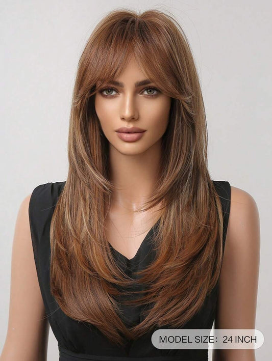 SHEIN باروكة شعر مستقيم بني مظلل مع غرة