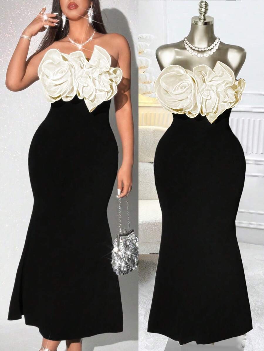 SHEIN Rafferiza فستان أسود طويل مزين بزهرات شيفون