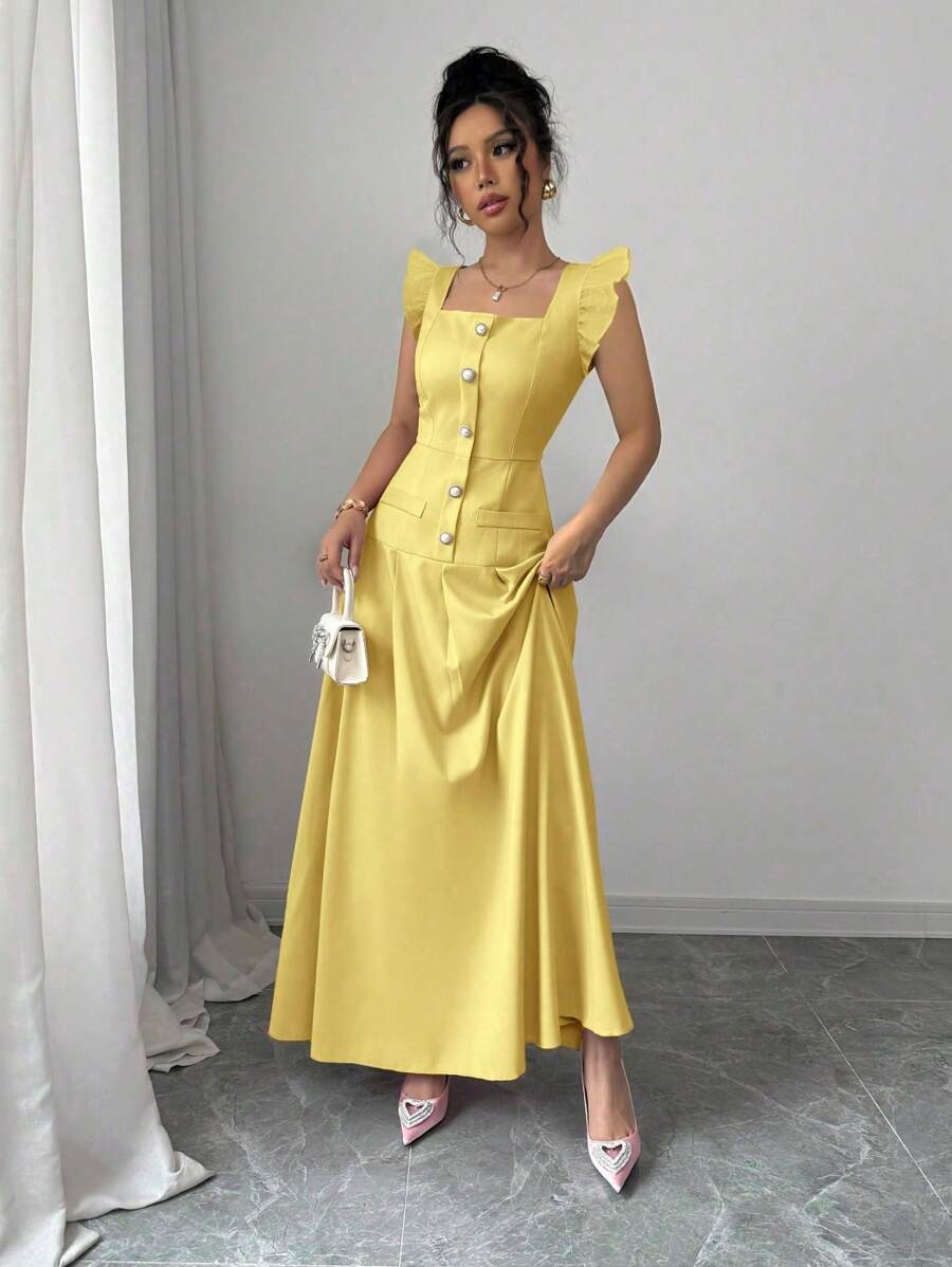SHEIN Elenzga  فستان صيفي طويل بلون أصفر و أزرار أمامية و كتف فراشة