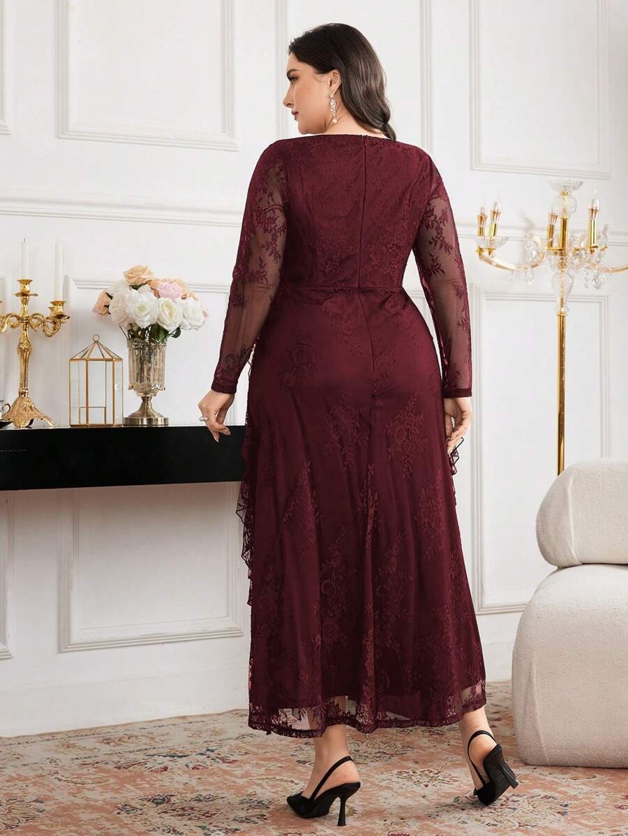 SHEIN Modelyn فستان طويل راقي  بلون عنابي بتفاصيل دانتيل