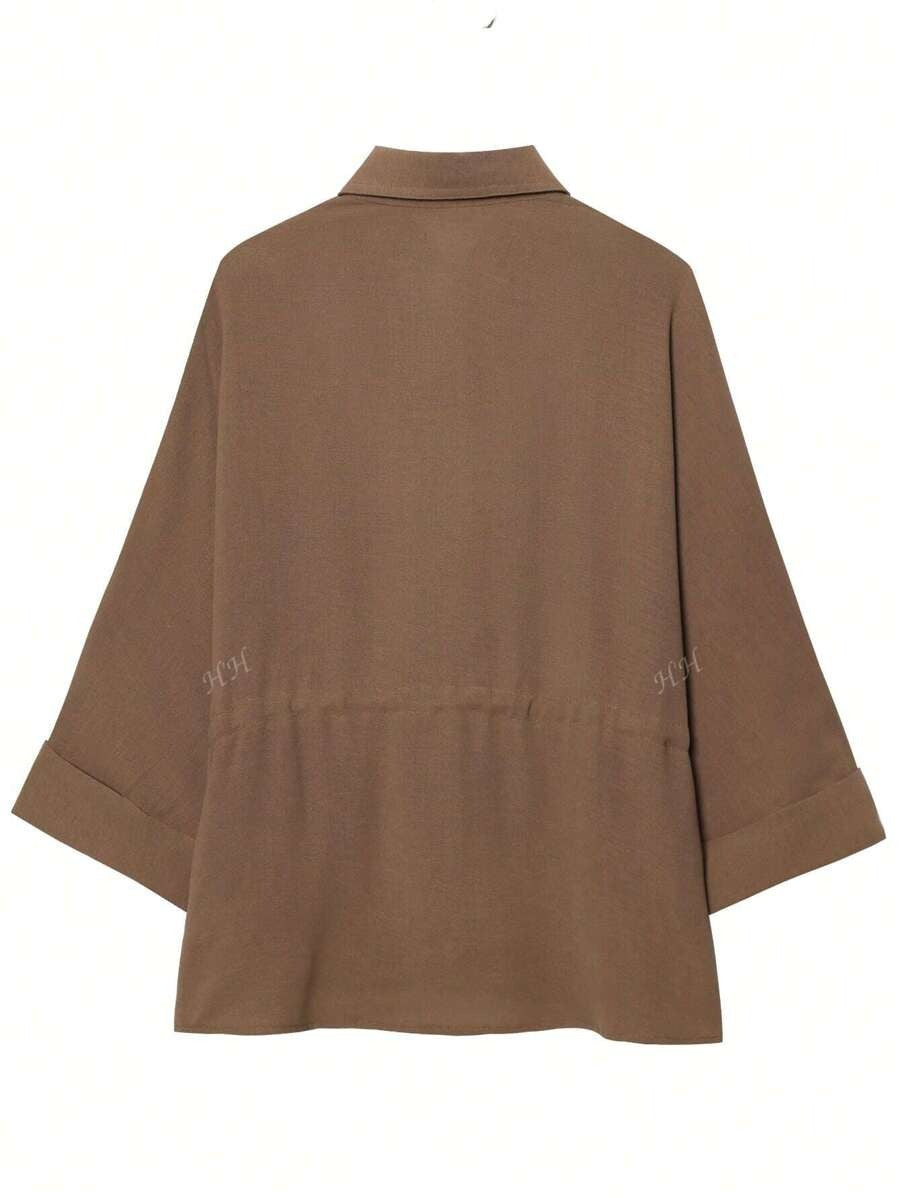 SHEIN طقم نسائي بني توب برباط وبنطال واسع