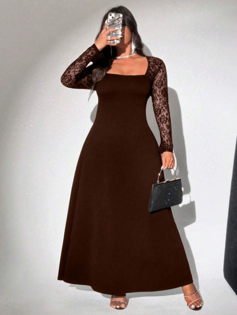 SHEIN Viva Relle فستان طويل بني بأكمام دانتيل للمقاسات الكبيرة