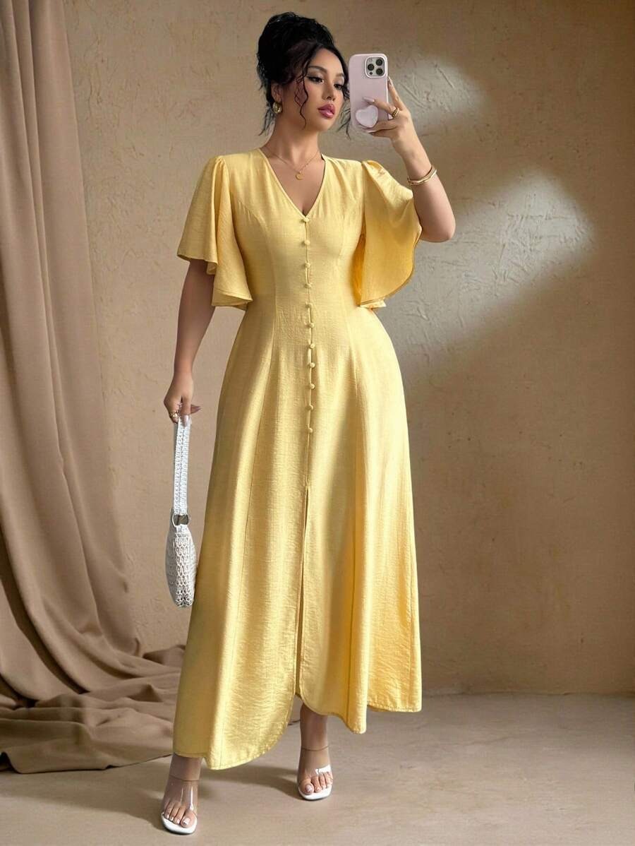 SHEIN فستان طويل ناعم بأزرار وفتحة جانبية