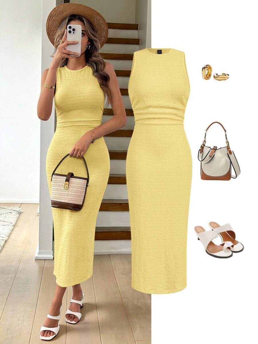 SHEIN LUNE  فستان بلون أصفر بدون أكمام