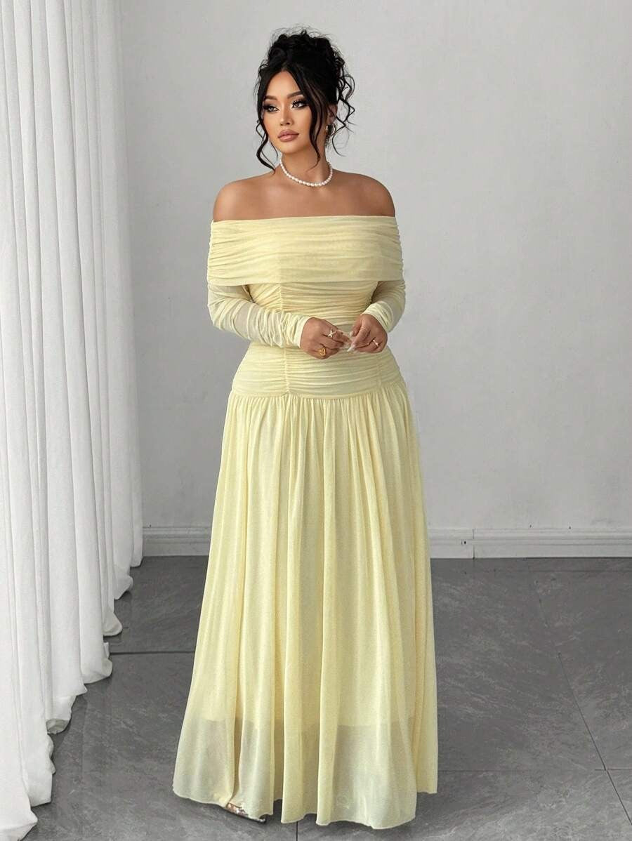 SHEIN Cravure فستان طويل بلون أصفر مميز