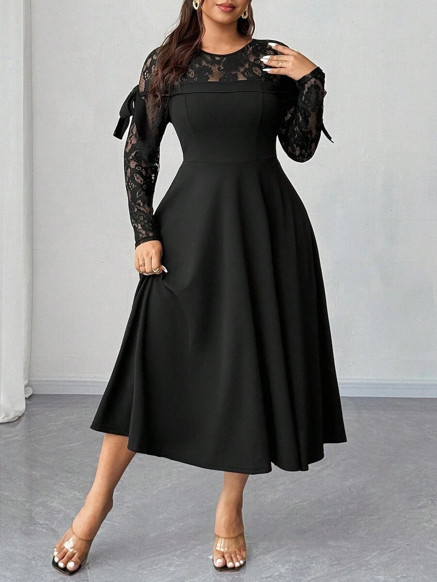 SHEIN Elenzga فستان أنيق مزين بالدانتيل والفيونكة بلون أسود