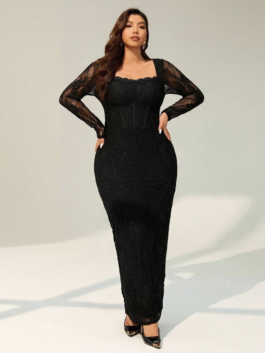SHEIN Auralis فستان دانتيل بلون أسود