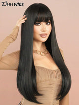 SHEIN 7JHH WIGS شعر ناعم وطويل بلون أسود طبيعي مع غرة