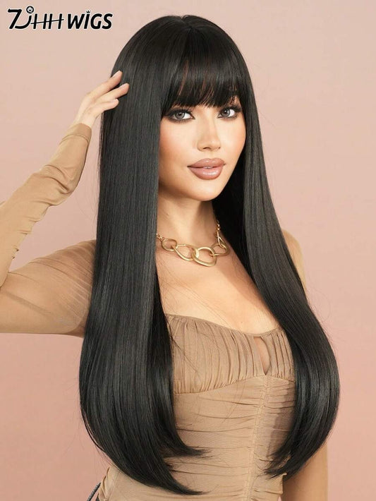 SHEIN 7JHH WIGS شعر ناعم وطويل بلون أسود طبيعي مع غرة