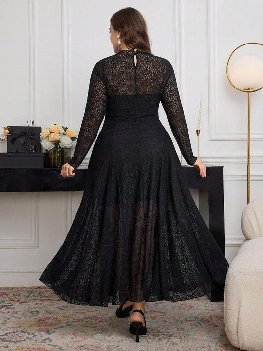 SHEIN Modelyn فستان طويل دانتيل أنيق بلون أسود