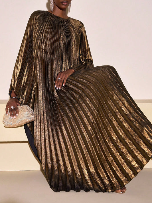 SHEIN Zivah 2025 فستان طويل فضفاض بأكمام ثلاثة أرباع وقماش مطوي لامع