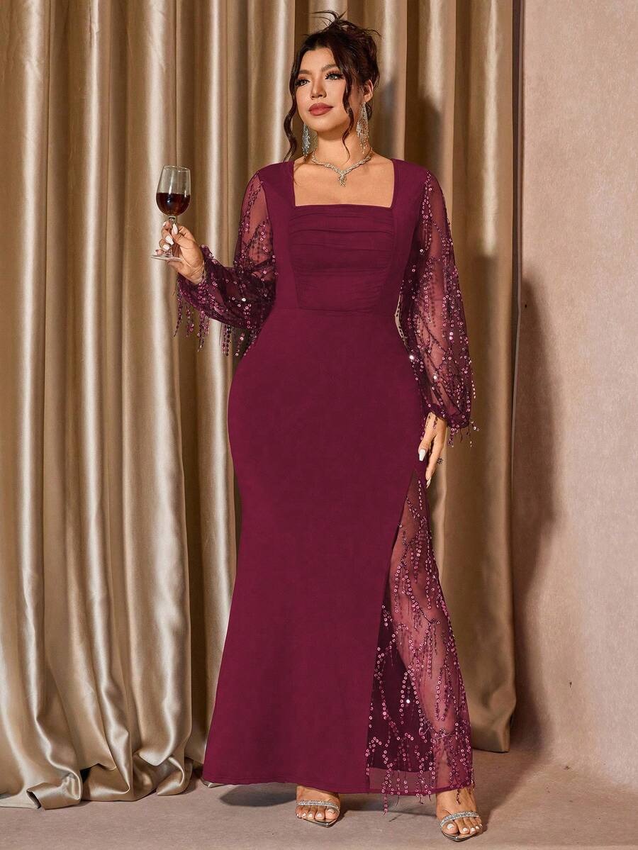 SHEIN Cravure فستان سهرة طويل بلون عنابي