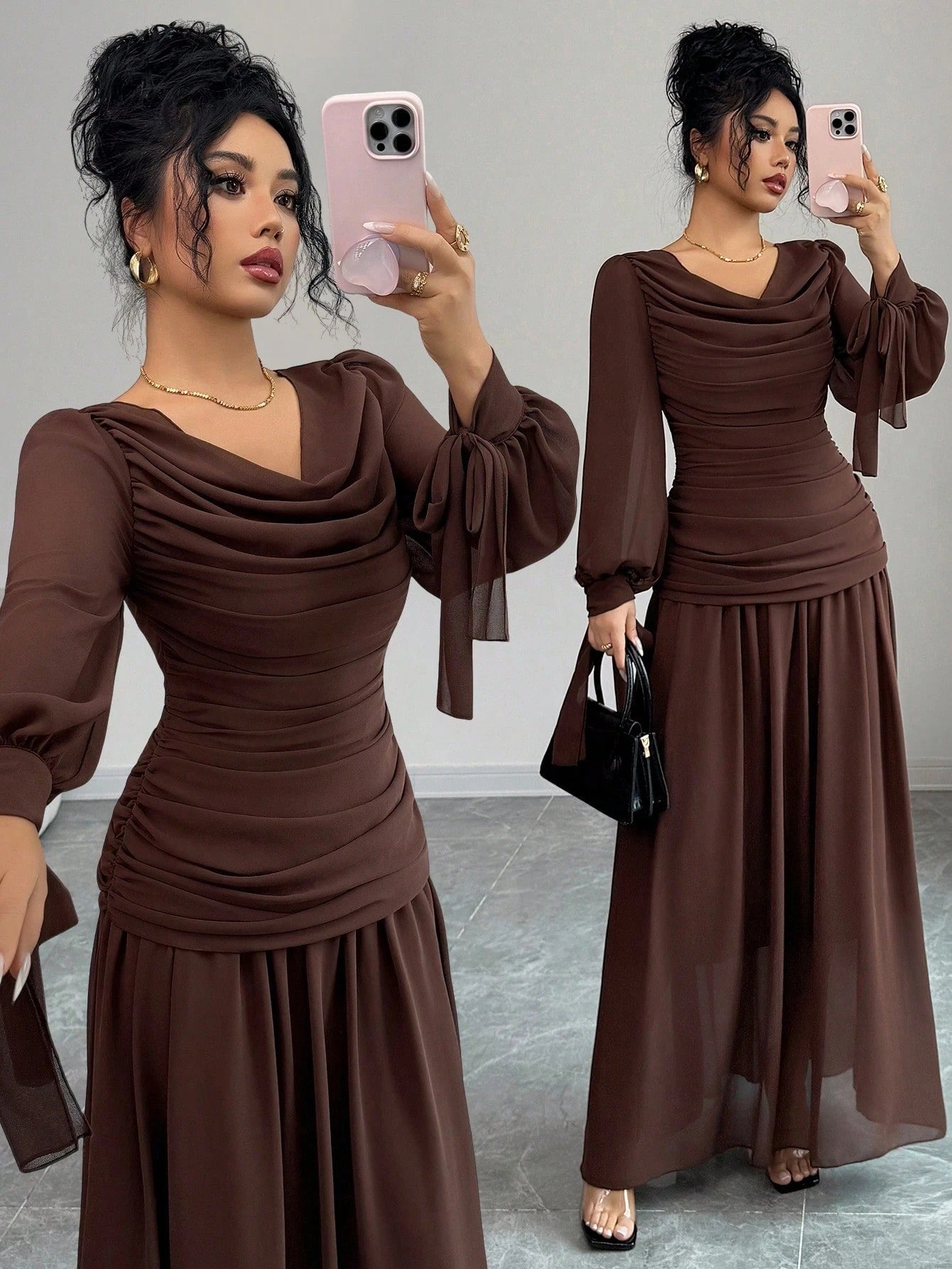 SHEIN Elenzga فستان شيفون بني أنيق بأكمام فانوس وطوق مكشكش وربطة خصر