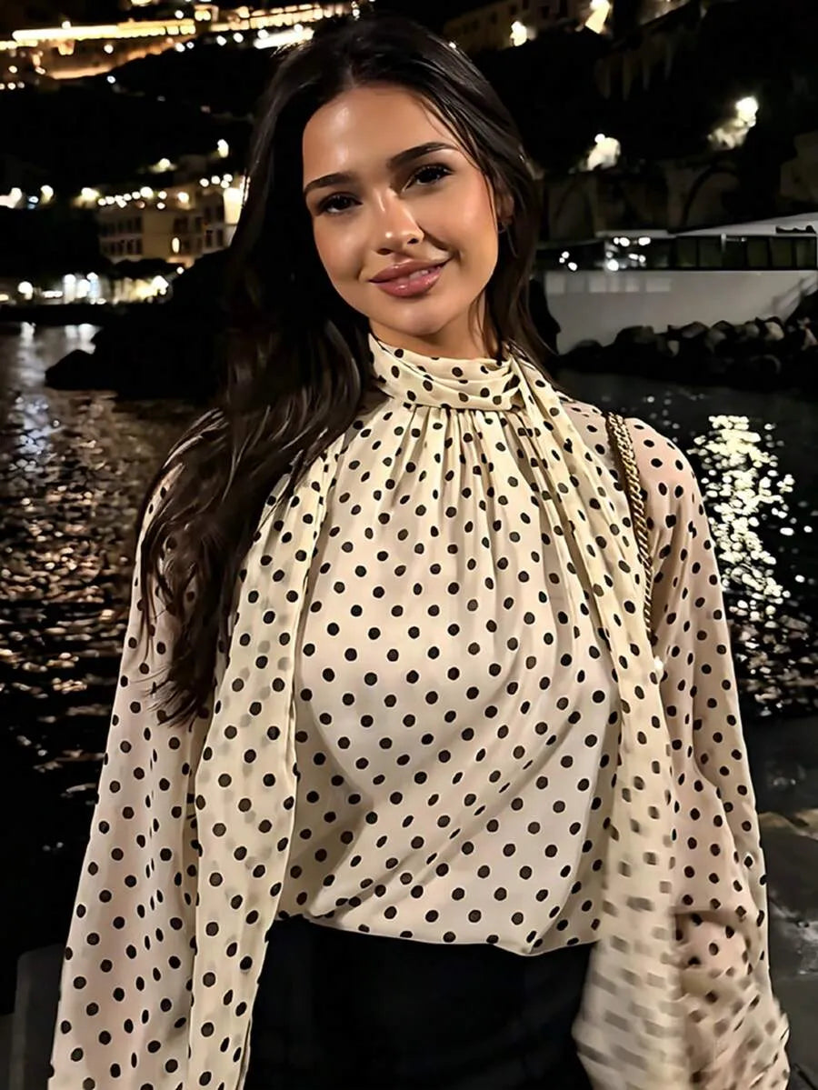 SHEIN بلوزة نسائية أنيقة باللون البيج بنقاط بولكا وشريط عنق