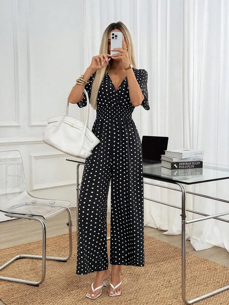SHEIN Easowa جمبسوت كلاسيكية منقّطة بخصر مزموم وساق واسعة من