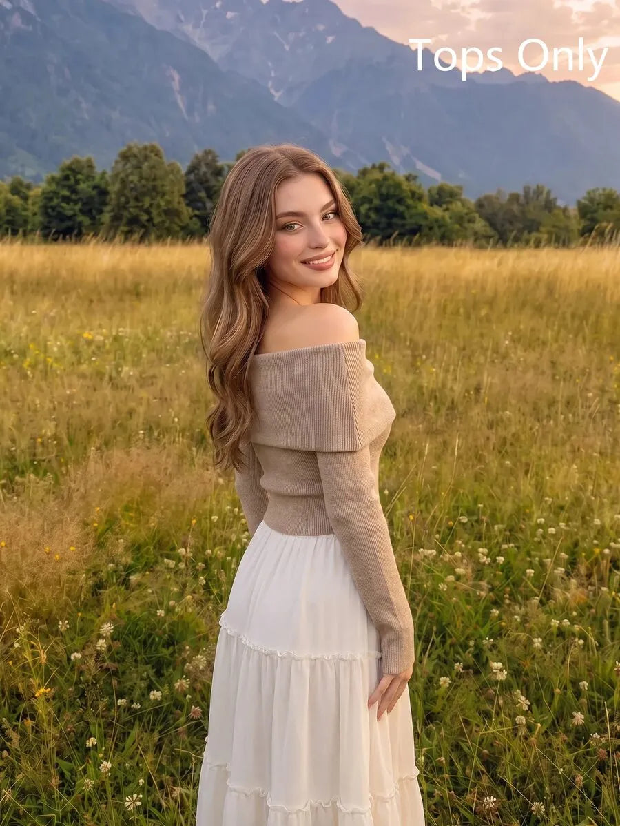 SHEIN MOD كنزة نسائية محبوكة بياقة كتف مكشوف وأكمام طويلة بلون كاكي