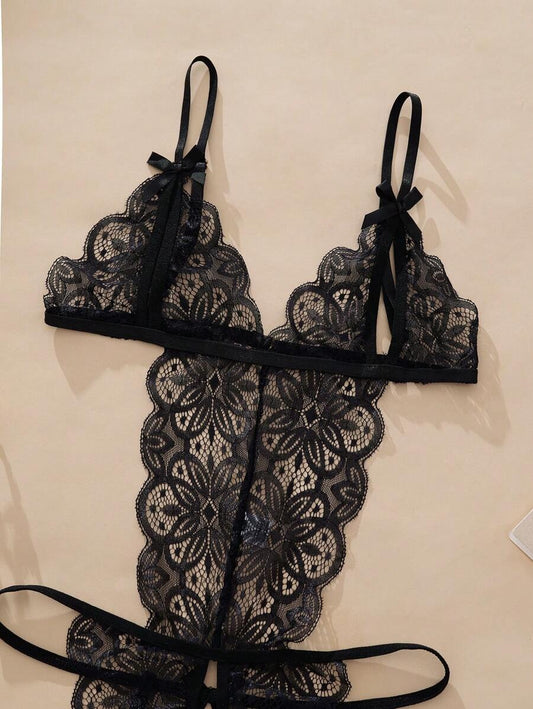 SHEIN Ning xue yan ying بوديسوت دانتيل أسود مفتوح مع فيونكة