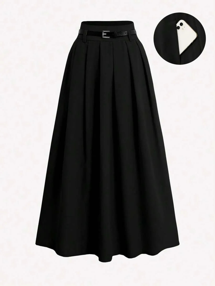 SHEIN A-Line تنورة كاجوال طويلة بخصر عالي وطيات
