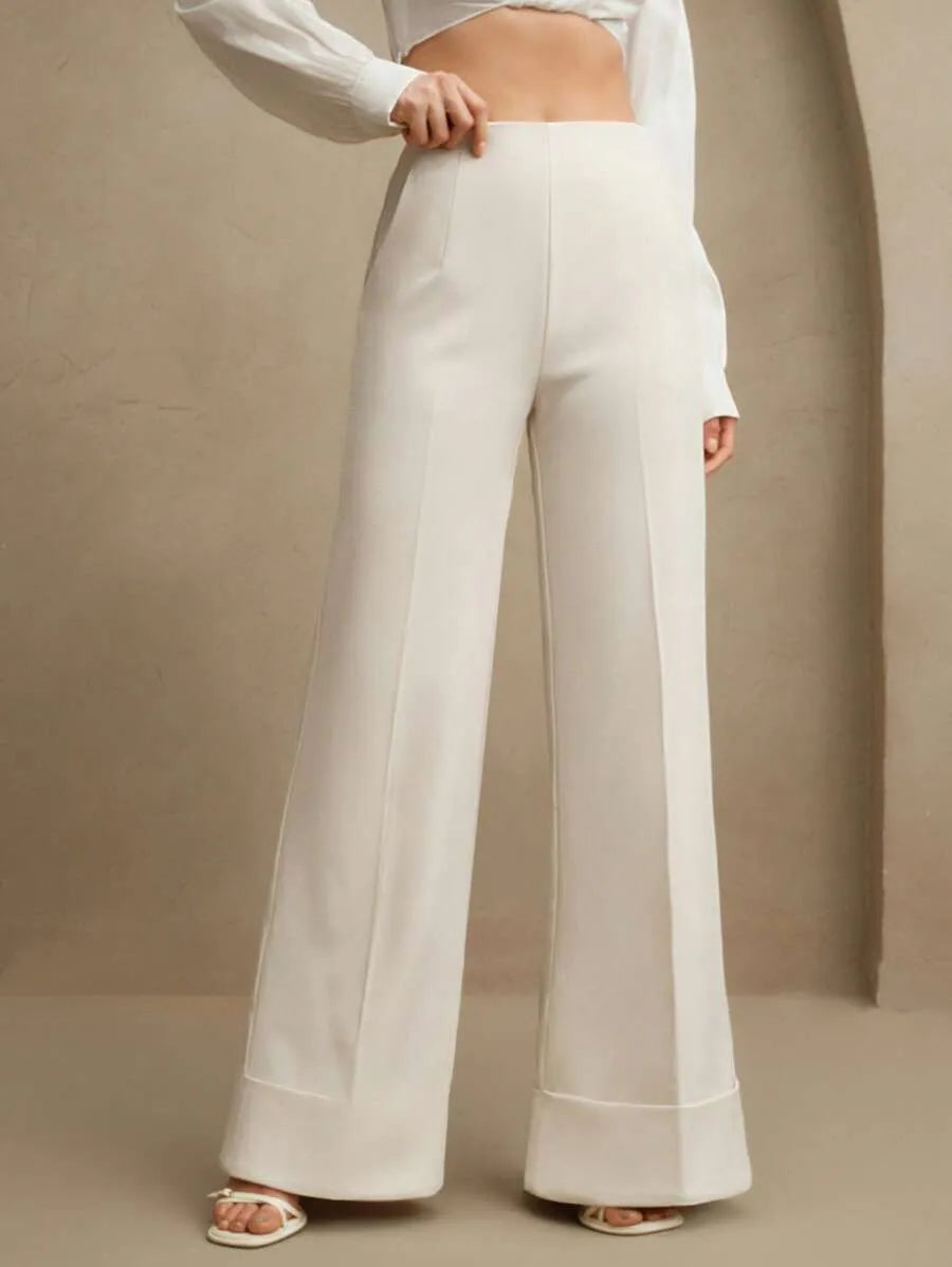 SHEIN Anewsta Essential بنطلون بلون بيج طويل واسع الساق بخصر منخفض