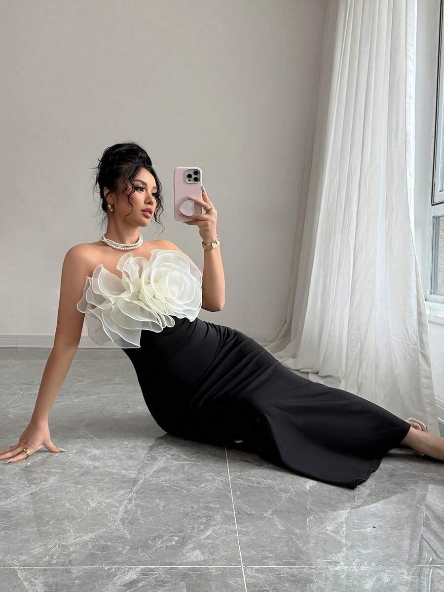 SHEIN Rafferiza فستان أسود طويل مزين بزهرات شيفون
