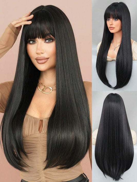 SHEIN 7JHH WIGS شعر ناعم وطويل بلون أسود طبيعي مع غرة