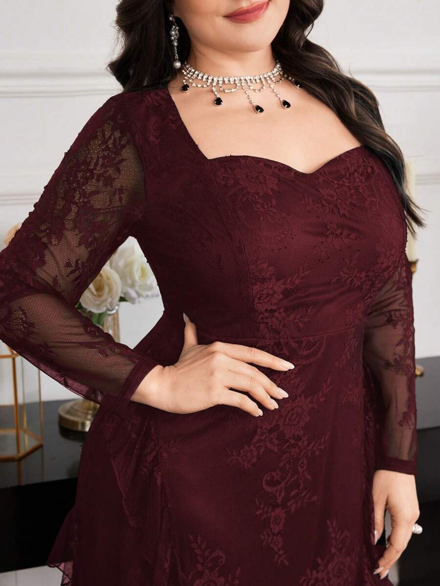 SHEIN Modelyn فستان طويل راقي  بلون عنابي بتفاصيل دانتيل