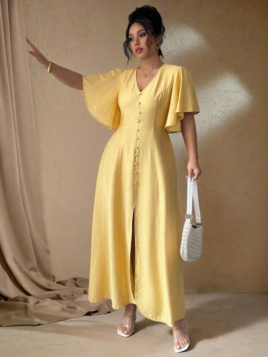 SHEIN فستان طويل ناعم بأزرار وفتحة جانبية